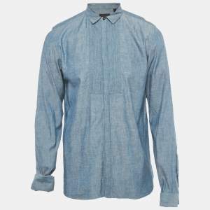Burberry Blue Pintucks Chambray Double Cuff Shirt XL
