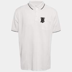 Pre Owned Burberry White Cotton TB Monogram Pique Polo T-Shirt L