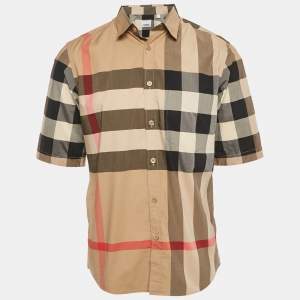 Burberry Beige Checks Print Cotton Short Sleeve Shirt M