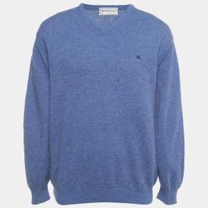 Burberry Blue Wool Knit V-Neck Sweater XL