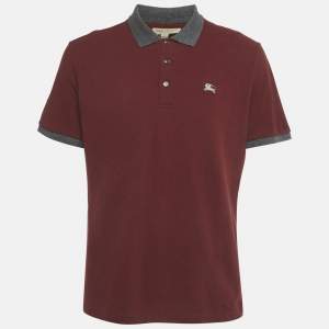 Pre Owned Burberry Burgundy Cotton Pique Logo Detail Polo T-Shirt XXL