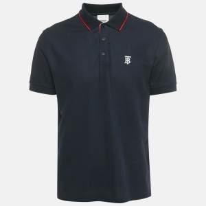 Pre Owned Burberry Navy Blue TB Logo Embroidered Cotton Pique Polo T-Shirt L