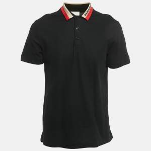 Pre Owned Burberry Black Striped Logo Trim Cotton Edney Polo T-Shirt L