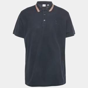 Pre Owned Burberry Navy Blue Cotton Striped Collar Detail Pierson Polo T-Shirt XXL
