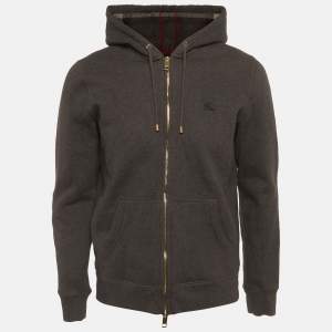 مملوكة مسبقًا Burberry Dark Grey Cotton Knit Zip Front Hooded Jacket L