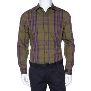 Burberry Brit Olive Green Checked Cotton Long Sleeve Shirt M
