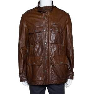 Pre Owned Burberry Brown Leather Button Front Jacket L