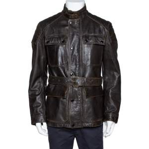 Pre Owned Burberry Brit Brown Leather Belted Jacket L