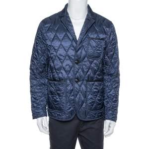 Pre Owned Burberry Brit Navy Blue Leather Trim Detail Quilted Jacket M