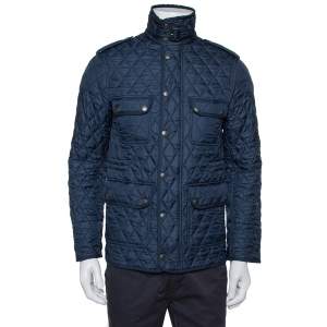 Pre Owned Burberry Brit Navy Blue Synthetic Diamond Quilted Zipper Front Jacket XS