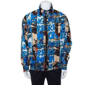 Pre Owned Burberry Blue Graffiti Printed Synthetic Zipper Front Shell Jacket XL