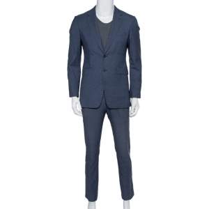 Pre Owned Burberry Navy Blue Patterned Wool Millbank Travel Suit M