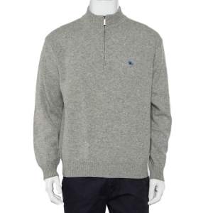 Pre Owned Burberry Grey Lambwool Half Zip High Neck Sweater M  