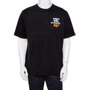 Pre Owned Burberry Black Logo Printed Cotton Crewneck Oversized T-Shirt M