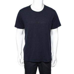 Pre Owned Burberry Navy Blue Cotton Knit Logo Printed Crewneck T-Shirt XL