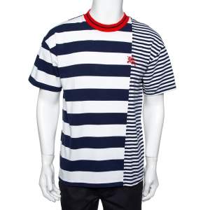Burberry Blue & White Striped Cotton Contrast Collar T-Shirt M