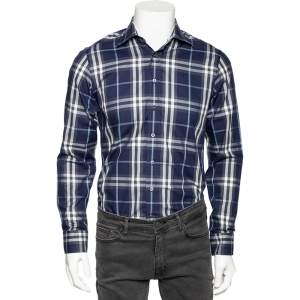 Burberry Navy Blue Checkered Cotton Button Front Shirt S