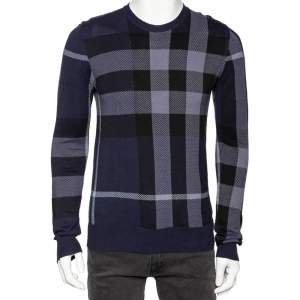 Burberry Navy Blue Checkered Cotton Knit Crewneck Sweater M