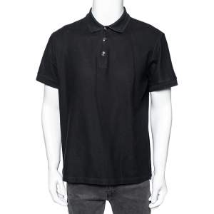 Pre Owned تي شيرت بولو بربري قطن أسود بيكيه بالشعار المنقوش أزرار مزينة مقاس كبير جدًا - إكس لارج