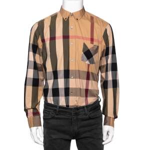 مملوكة مسبقًا قميص بربري قطن كاروهات نوفاتشيك بيج بأزرار أمامية مقاس كبير جدًا جدًا - إكس إكس لارج