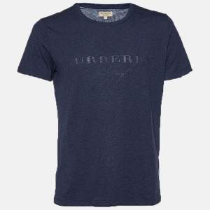 Pre Owned Burberry Navy Blue Logo Printed Crew Neck T-Shirt M