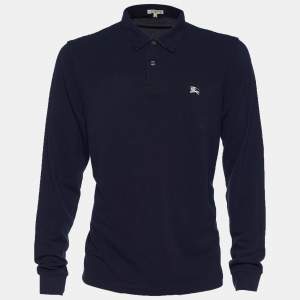 Pre Owned Burberry London Navy Blue Pique Cotton Long Sleeve Polo T-Shirt XL