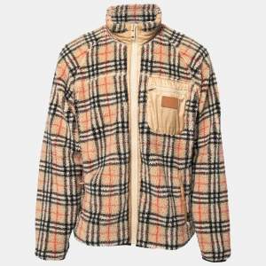Pre Owned Burberry Beige Vintage Check Fleece Zip Front Jacket XL
