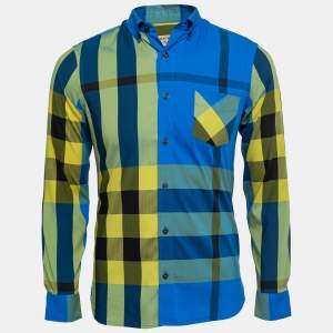 Burberry Blue Checked Stretch Cotton Button Down Shirt S