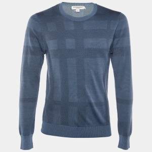 Burberry Navy Blue Elmshurst Check Silk Knit Crewneck Sweater L