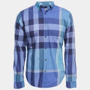Burberry Blue/Violet Checkered Cotton Full Sleeve Shirt L