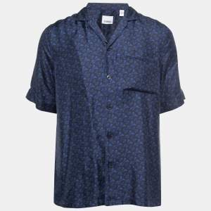 Burberry Blue Monogram Printed Silk Bowling Shirt S