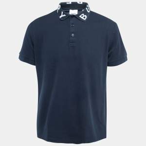 Burberry Navy Blue Cotton Pique Logo Intarsia Polo T-Shirt XL