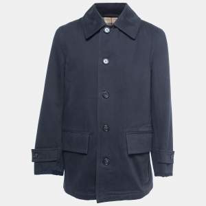 Burberry Vintage Navy Blue Cotton Single Breasted Coat XL