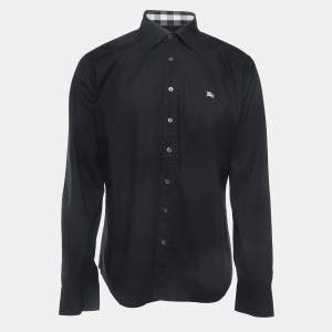 Pre Owned Burberry Black Logo Embroidered Cotton Button Front Slim Fit Shirt XL