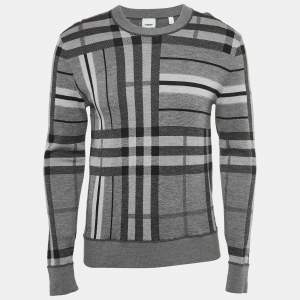 Burberry Grey Checked Wool Knit Crew Neck Sweater S