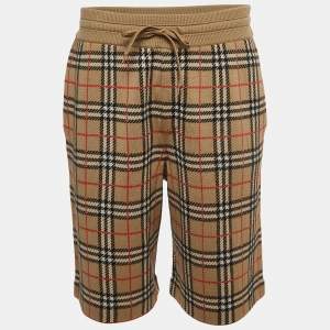 Burberry Beige Checked Merino Wool Drawstring Shorts L