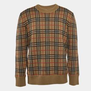 Burberry Beige Checked Merino Wool Knit Crew Neck Sweatshirt M