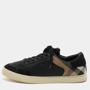 Burberry Black/Beige Leather and House Check Canvas Low Top Sneakers Size 43