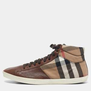 Burberry Beige/Brown House Check Canvas and Leather High Top Sneakers Size 45
