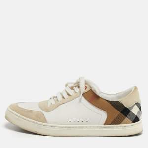 Pre Owned Burberry Check Size 42 White/Grey Canvas and Leather Lace Up Sneakers