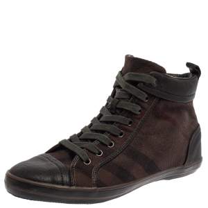 Burberry Brown Check Canvas And Leather Cap Toe High Top Sneakers Size 43