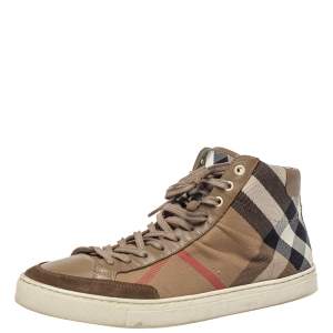 Burberry Beige Housecheck Canvas And Leather Painton High Top Sneakers Size 43