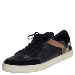 Burberry Black Leather And House Check Canvas Low Top Sneakers Size 46