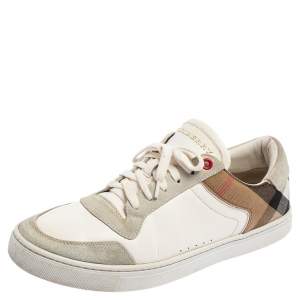 Burberry White/Beige House Check Canvas and Leather Low Top Sneakers Size 41.5