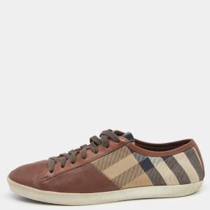 Burberry Brown/Beige Leather And Nova Check Canvas Low Top Sneakers Size 42
