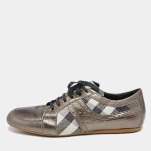 Pre Owned Burberry Metallic Bronze Canvas And  Leather Lace Up  Sneakers Size 41