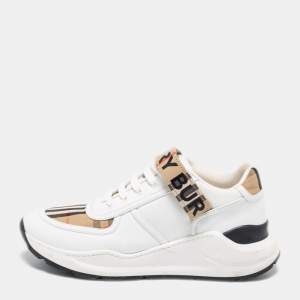 Burberry White/Beige Leather And House Check Canvas Ronnie Sneakers Size 40
