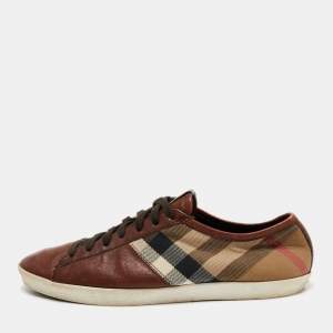 Pre Owned Burberry Brown/Tricolor Leather and Nova Check Canvas Low Top Sneakers Size 42