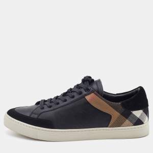 Burberry Black/Beige Leather and House Check Canvas Low Top Sneakers Size 43