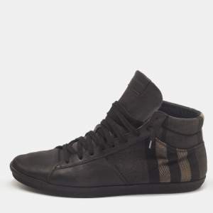 Pre Owned Burberry Black Leather and Check Canvas High Top Sneakers Size 44